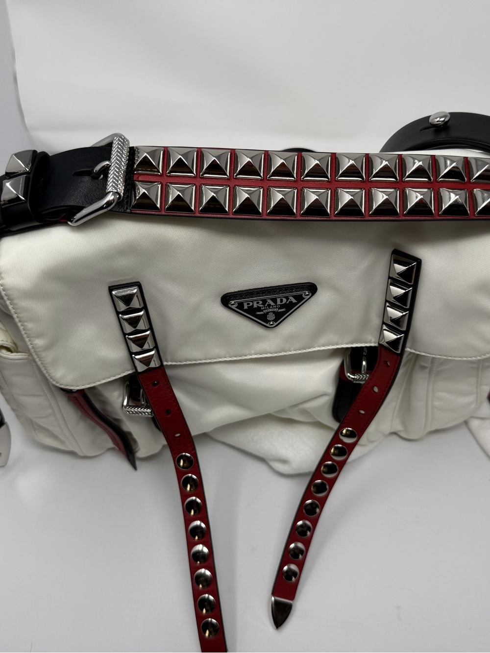 Prada White Nylon Shoulder Bag with Red Trim & Silver Studs
